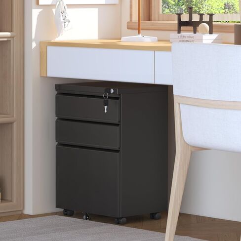 INTERGREAT 3 Drawer Mobile File Cabinet with Lock, Metal Filing Cabinets for Home Office, Rolling Under Desk Organizer for Letters/Legal/A4, (Fully Assembled-Black) in Kuwait