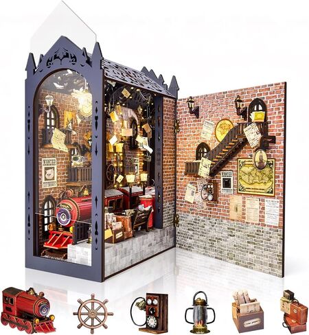 DIY Retro Train Station Book Nook Kit, 3D Wooden Miniature Dollhouse Puzzle Bookend with LED Light, Beginner-Friendly for Adults, Book Lovers & Collectors, Bookshelf Decor & Ideal Gift in Saudi Arabia