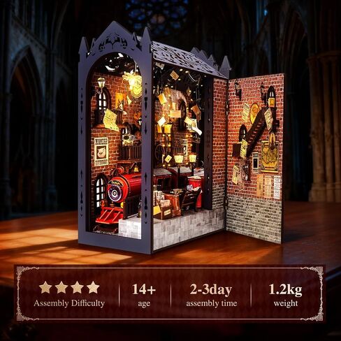 DIY Retro Train Station Book Nook Kit, 3D Wooden Miniature Dollhouse Puzzle Bookend with LED Light, Beginner-Friendly for Adults, Book Lovers & Collectors, Bookshelf Decor & Ideal Gift in Saudi Arabia