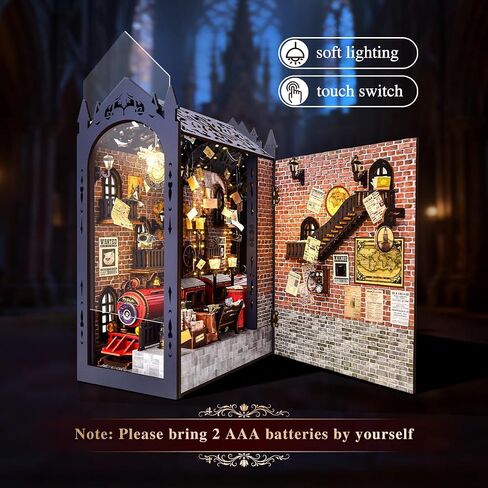 DIY Retro Train Station Book Nook Kit, 3D Wooden Miniature Dollhouse Puzzle Bookend with LED Light, Beginner-Friendly for Adults, Book Lovers & Collectors, Bookshelf Decor & Ideal Gift in Saudi Arabia