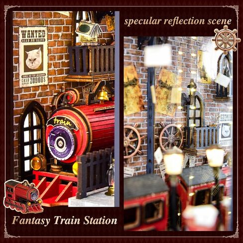 DIY Retro Train Station Book Nook Kit, 3D Wooden Miniature Dollhouse Puzzle Bookend with LED Light, Beginner-Friendly for Adults, Book Lovers & Collectors, Bookshelf Decor & Ideal Gift in Saudi Arabia