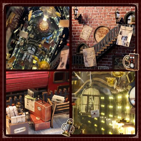 DIY Retro Train Station Book Nook Kit, 3D Wooden Miniature Dollhouse Puzzle Bookend with LED Light, Beginner-Friendly for Adults, Book Lovers & Collectors, Bookshelf Decor & Ideal Gift in Saudi Arabia