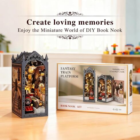 DIY Retro Train Station Book Nook Kit, 3D Wooden Miniature Dollhouse Puzzle Bookend with LED Light, Beginner-Friendly for Adults, Book Lovers & Collectors, Bookshelf Decor & Ideal Gift in Saudi Arabia