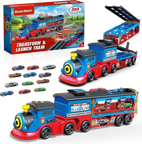 Train Set for Toddlers, Carrier Toy Truck w/54 Inch Foldable Race Track, 12 Die Cast Car Toys for Ages 2-4, Train Toy Semi Truck w/Light & Sound, Kids' Play Cars & Race Cars Trains Gift for Boys Girls in Kuwait