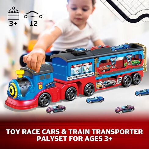 Train Set for Toddlers, Carrier Toy Truck w/54 Inch Foldable Race Track, 12 Die Cast Car Toys for Ages 2-4, Train Toy Semi Truck w/Light & Sound, Kids' Play Cars & Race Cars Trains Gift for Boys Girls in Kuwait