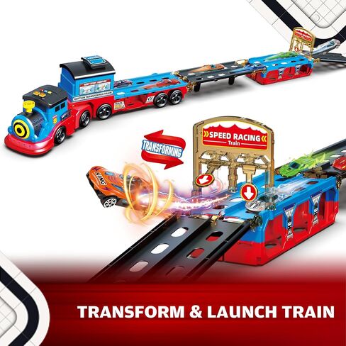 Train Set for Toddlers, Carrier Toy Truck w/54 Inch Foldable Race Track, 12 Die Cast Car Toys for Ages 2-4, Train Toy Semi Truck w/Light & Sound, Kids' Play Cars & Race Cars Trains Gift for Boys Girls in Kuwait