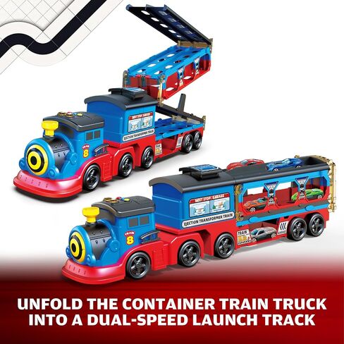 Train Set for Toddlers, Carrier Toy Truck w/54 Inch Foldable Race Track, 12 Die Cast Car Toys for Ages 2-4, Train Toy Semi Truck w/Light & Sound, Kids' Play Cars & Race Cars Trains Gift for Boys Girls in Kuwait