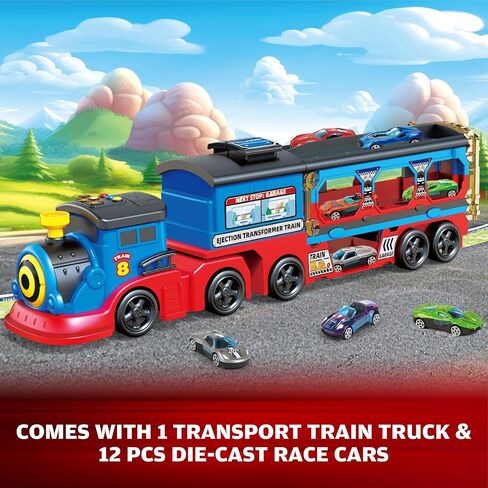 Train Set for Toddlers, Carrier Toy Truck w/54 Inch Foldable Race Track, 12 Die Cast Car Toys for Ages 2-4, Train Toy Semi Truck w/Light & Sound, Kids' Play Cars & Race Cars Trains Gift for Boys Girls in Kuwait