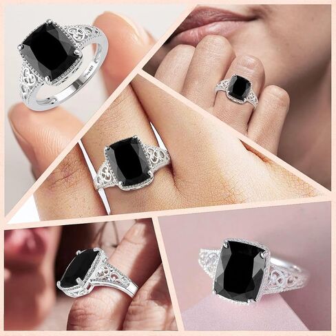 Black Tourmaline Ring in 925 Sterling Silver - October Birthstone Rings for Women - Engagement Promise Floral Statement Vintage Solitaire Tourmaline Jewelry Birthday Gifts for Womens in Saudi Arabia