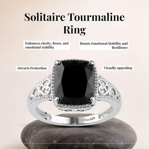 Black Tourmaline Ring in 925 Sterling Silver - October Birthstone Rings for Women - Engagement Promise Floral Statement Vintage Solitaire Tourmaline Jewelry Birthday Gifts for Womens in Saudi Arabia