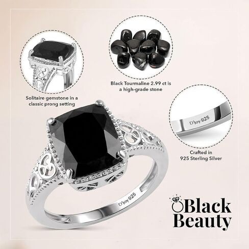 Black Tourmaline Ring in 925 Sterling Silver - October Birthstone Rings for Women - Engagement Promise Floral Statement Vintage Solitaire Tourmaline Jewelry Birthday Gifts for Womens in Saudi Arabia