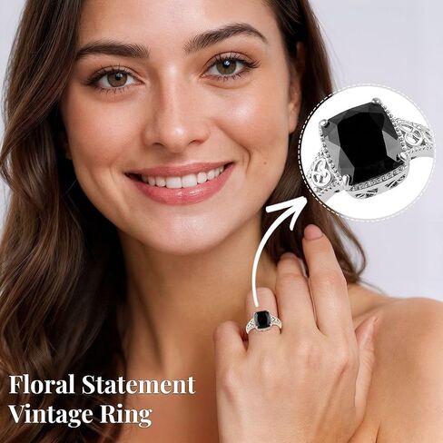 Black Tourmaline Ring in 925 Sterling Silver - October Birthstone Rings for Women - Engagement Promise Floral Statement Vintage Solitaire Tourmaline Jewelry Birthday Gifts for Womens in Saudi Arabia