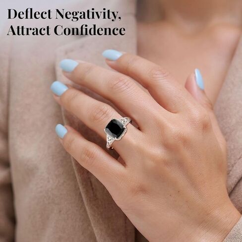 Black Tourmaline Ring in 925 Sterling Silver - October Birthstone Rings for Women - Engagement Promise Floral Statement Vintage Solitaire Tourmaline Jewelry Birthday Gifts for Womens in Saudi Arabia