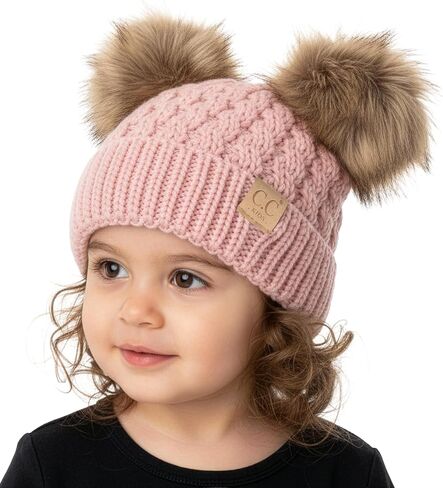 Funky Junque Girls Hat Kids Beanie Double Pom Pom Faux Fur Soft Warm Winter Knit Cap in Saudi Arabia