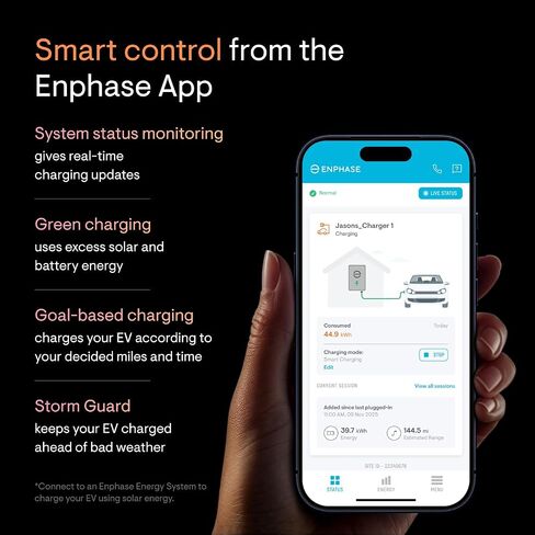 شاحن انفاس IQ EV 2 | شاحن ذكي مستوى 2 48 أمبير (حتى 11.5 كيلووات، 240 فولت) | واي فاي + بلوتوث | سلكي | معتمد من UL | كابل 25 قدم | J1772 | داخلي/خارجي in Kuwait