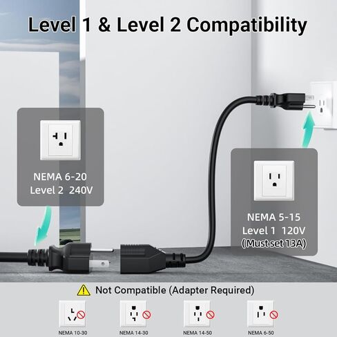 شاحن محمول بمستوى 1/2 EV لشاحن Tesla 16Amp، 240V 25ft كابل منزلي للسيارة الكهربائية EV، محول NEMA 6-20P إلى 5-15P، موصل NACS للهاتف المحمول متوافق مع جميع موديلات Tesla، مدرج في قائمة ETL in Kuwait