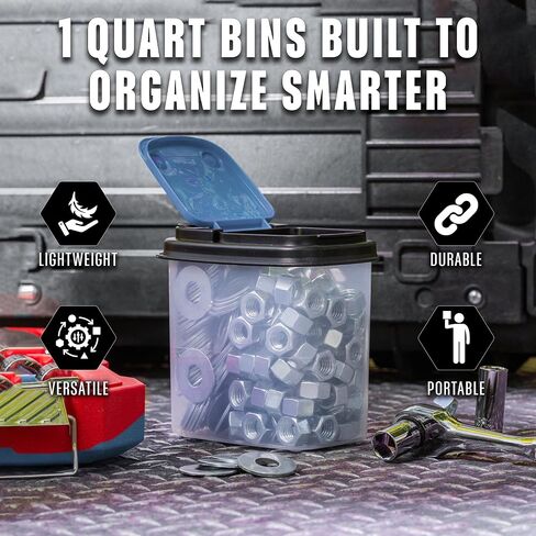 Buddeez Multi-Purpose Hardware Storage Bins Bits and Bolts Small Storage Containers, Hardware Organizers, Clear Containers With Blue Stackable Lids, Bolt and Screw Organizer (1 Quart - 12 Pack) in Saudi Arabia