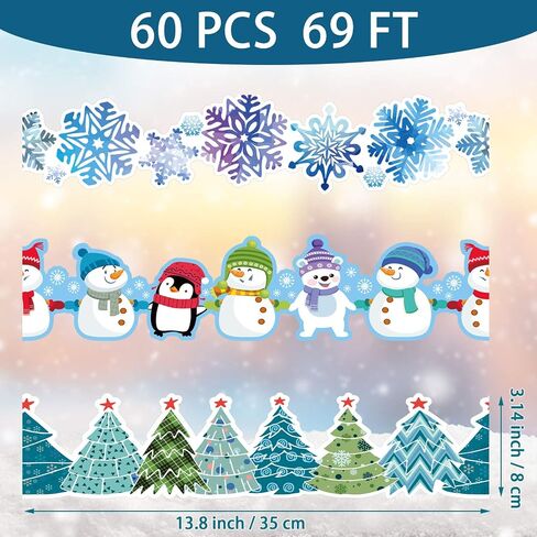 Zonon 69 ft Winter Bulletin Board Border Trim Christmas Wave Removable Blackboard Chalkboard Bulletin Border Christmas Tree Snowman Snowflake Sticker for Party Holiday School Classroom Wall Decor in Saudi Arabia