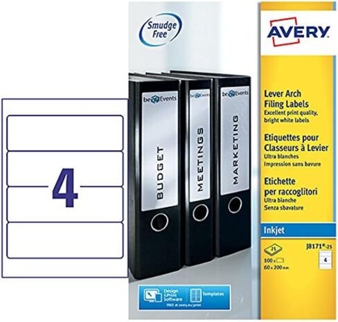 ملصقات ملفات Avery Lever Arch، قابلة للطباعة وخالية من التلطخ، 200 × 60 مم، ملصقات قابلة للتخصيص للمجلدات، 4 لكل ورقة A4، 100 حزمة، متوافقة مع نفث الحبر (J8171-25) in Saudi Arabia