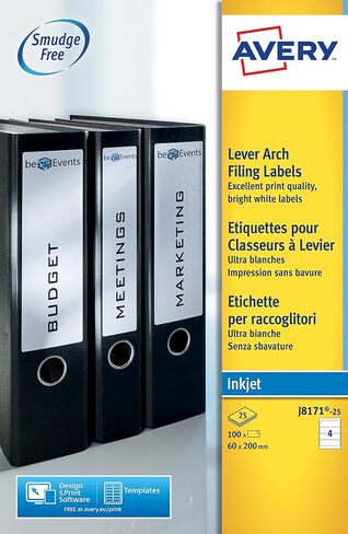 ملصقات ملفات Avery Lever Arch، قابلة للطباعة وخالية من التلطخ، 200 × 60 مم، ملصقات قابلة للتخصيص للمجلدات، 4 لكل ورقة A4، 100 حزمة، متوافقة مع نفث الحبر (J8171-25) in Saudi Arabia