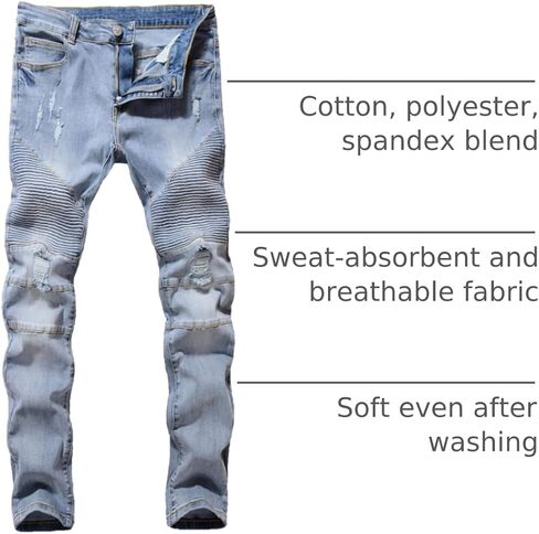 ZLZ Black Biker Jeans for Men Slim Fit, Men's Comfy Stretch Ripped Distressed Biker Jeans Pants Rock Revival, Designer Jeans in Saudi Arabia