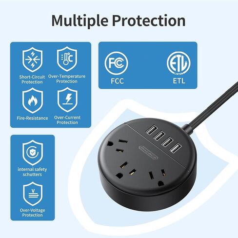 Flat Plug Power Strip with USB Ports, NTONPOWER Nightstand Desktop Charging Station with 5ft Extension Cord, Wall Mount with 3 Outlet 4 USB(1 USB C), Small Size for Travel Home Office Dorm Room, Black in Kuwait