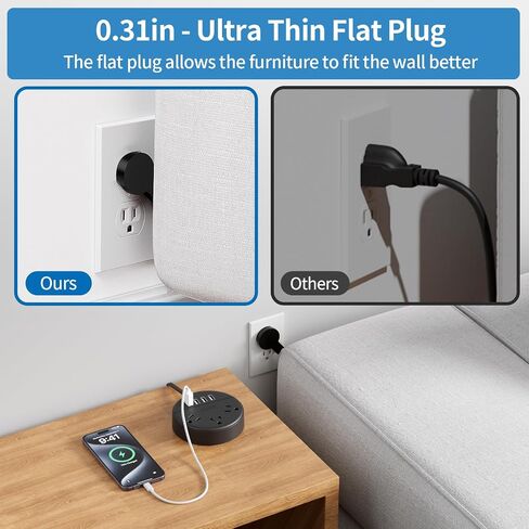 Flat Plug Power Strip with USB Ports, NTONPOWER Nightstand Desktop Charging Station with 5ft Extension Cord, Wall Mount with 3 Outlet 4 USB(1 USB C), Small Size for Travel Home Office Dorm Room, Black in Kuwait