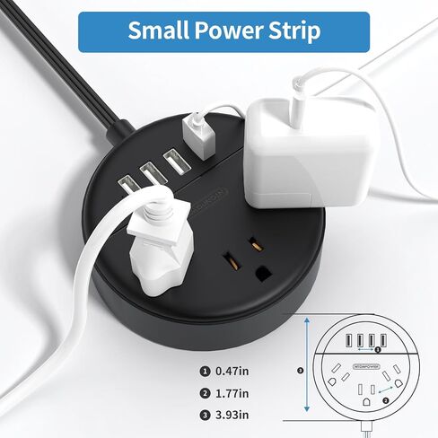 Flat Plug Power Strip with USB Ports, NTONPOWER Nightstand Desktop Charging Station with 5ft Extension Cord, Wall Mount with 3 Outlet 4 USB(1 USB C), Small Size for Travel Home Office Dorm Room, Black in Kuwait