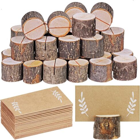 30 Pcs Rustic Wood Place Card Holders Circular Table Numbers Holder Stand Wooden Bark Memo Holder Card Photo Picture Note Clip Holders and Kraft Place Cards Bulk Wedding Party Table Number Sign in Saudi Arabia