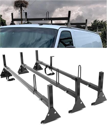 Universal 750LBS Capacity Van Ladder Rack Full-Size 68"-75" Compatible with Chevrolet Express 1500 2500 3500 Ford E150 250 350 GMC Savana 3 Bars Roof Rack Steel Cross Members (Black) in Saudi Arabia