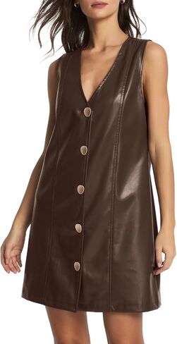 فستان نسائي قصير من الجلد الصناعي بدون أكمام ورقبة على شكل حرف V وأزرار سفلية in Kuwait