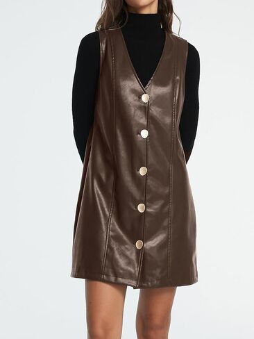 فستان نسائي قصير من الجلد الصناعي بدون أكمام ورقبة على شكل حرف V وأزرار سفلية in Kuwait