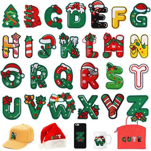 26PCS Christmas Iron on Patches A-Z Iron On Christmas Chenille Letter Patches Cute Adhesive Christmas Stickers Heat Transfer Repair Patch for Clothes Sew on Varsity Patches Alphabet Xmas Gifts, Green in Saudi Arabia