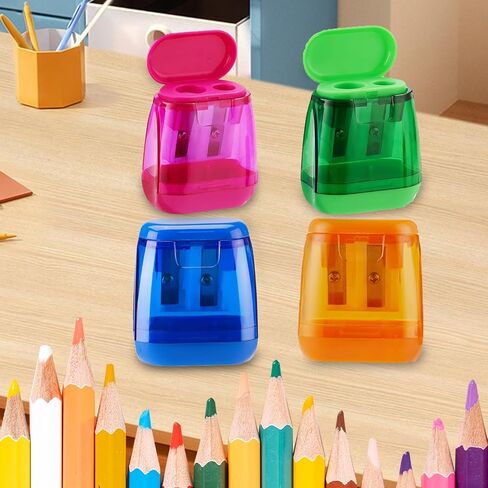 Pencil Tool, 4 Piece Manual Pencil Sharpener, Double Hole Compact Coloured Hand Held Pencil Tool with Cap in Saudi Arabia