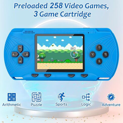 Handheld Game for Kids - Preloaded 258 Retro Video Games & 3 Cartridges, 3.0" HD LCD Screen, Portable Gaming Player with Rechargeable Battery, Birthday Xmas Gift for Boys Girls 4-12, Blue in Saudi Arabia