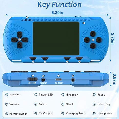 Handheld Game for Kids - Preloaded 258 Retro Video Games & 3 Cartridges, 3.0" HD LCD Screen, Portable Gaming Player with Rechargeable Battery, Birthday Xmas Gift for Boys Girls 4-12, Blue in Saudi Arabia