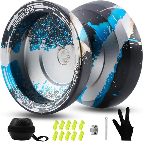 FETESNICE Y26 Professional Butterfly Yo-Yo - الوضع المزدوج المستجيب/غير المستجيب للإصبع يدور يويو للأطفال والكبار ولاعبي المنافسة | برو يو يو مع 10 خيوط + حافظة وقفازات (أزرق وأحمر فضي) in Kuwait