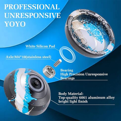 FETESNICE Y26 Professional Butterfly Yo-Yo - الوضع المزدوج المستجيب/غير المستجيب للإصبع يدور يويو للأطفال والكبار ولاعبي المنافسة | برو يو يو مع 10 خيوط + حافظة وقفازات (أزرق وأحمر فضي) in Kuwait
