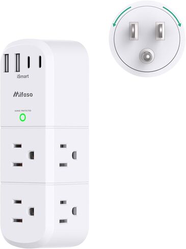 موسع منفذ USB للحماية من زيادة التيار - 6 منافذ تيار متردد متعددة و3 منافذ USB (1 USB C)، مقسم مخرج شريط طاقة دوار ثلاثي الجوانب للمنزل، أساسيات غرفة النوم (عبوتان) in Kuwait