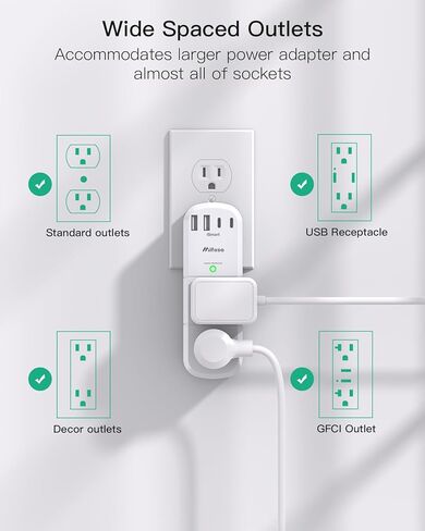 موسع منفذ USB للحماية من زيادة التيار - 6 منافذ تيار متردد متعددة و3 منافذ USB (1 USB C)، مقسم مخرج شريط طاقة دوار ثلاثي الجوانب للمنزل، أساسيات غرفة النوم (عبوتان) in Kuwait