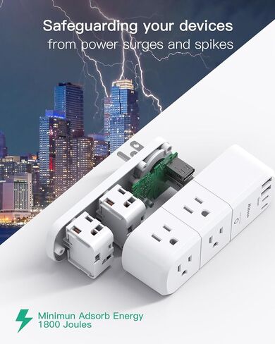 موسع منفذ USB للحماية من زيادة التيار - 6 منافذ تيار متردد متعددة و3 منافذ USB (1 USB C)، مقسم مخرج شريط طاقة دوار ثلاثي الجوانب للمنزل، أساسيات غرفة النوم (عبوتان) in Kuwait