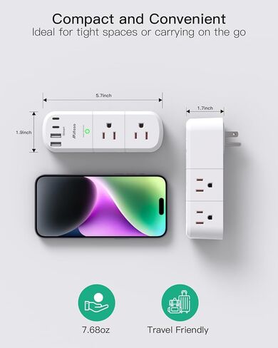 موسع منفذ USB للحماية من زيادة التيار - 6 منافذ تيار متردد متعددة و3 منافذ USB (1 USB C)، مقسم مخرج شريط طاقة دوار ثلاثي الجوانب للمنزل، أساسيات غرفة النوم (عبوتان) in Kuwait
