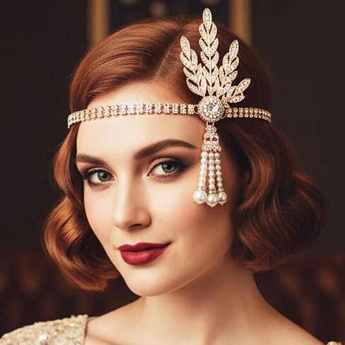 GORTIN 1920's Flapper Headband Leaf Rhiestones Gatsby غطاء رأس لؤلؤي غطاء رأس فلابر إكسسوارات الشعر للنساء (ذهبي-2) in Saudi Arabia
