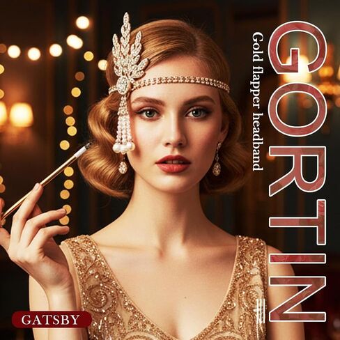GORTIN 1920's Flapper Headband Leaf Rhiestones Gatsby غطاء رأس لؤلؤي غطاء رأس فلابر إكسسوارات الشعر للنساء (ذهبي-2) in Saudi Arabia
