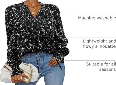 بلوزات نسائية بأكمام طويلة من HOTOUCH بلوزات بوهو مطبوعة بالزهور كاجوال برقبة على شكل حرف V وثنيات ورباط قمصان فلاحية in Kuwait