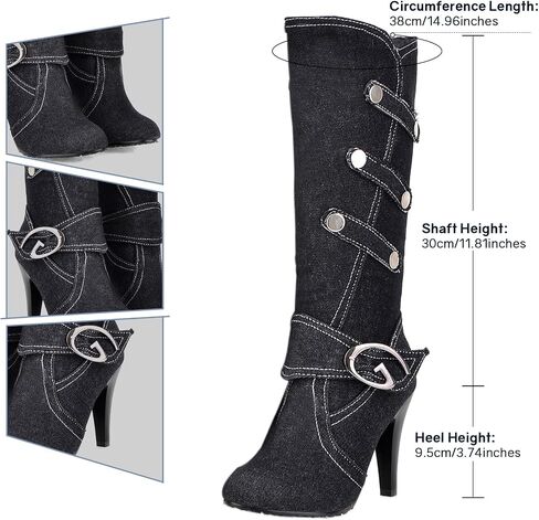 Uniquelly Womens Denim Knee High Boots Stiletto High Heel Mid Calf Slip On Round Toe Classic Retro Winter Shoes in Saudi Arabia