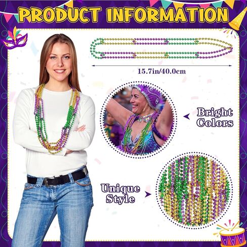 Soulchen 24 Pcs Mardi Gras Beads Chain Necklace 15.7 Inch Purple Green and Yellow Mardi Gras Throw Lock Necklace Costumes Dress Accessories for Carnival Birthdays Party Favors Supplies in Saudi Arabia