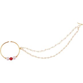 Efulgenz Indian Nose Rings Hoop with Chain Faux Pearl Nath Nathni Nose Pin Stud Fake Septum Ring Indian Bridal Jewelry for Wedding Nose Hoop Ring Non Piercing Body Jewelry for Women in Kuwait