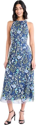 Maggy London Women's Floral Embroidered Halter Midi Dress with Back V-Neck in Kuwait