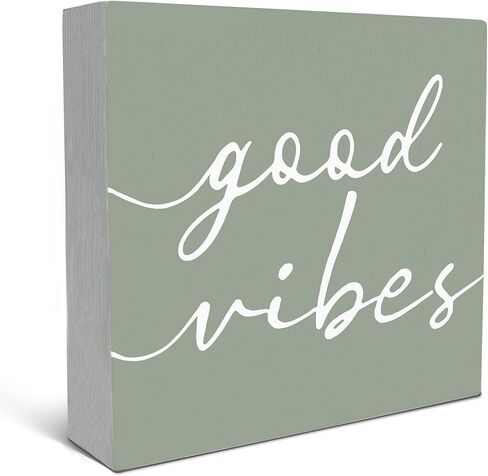 SRADMO Good Vibes Botanical Eucalyptus Leaves Wood Box Sign Desk Decor, Good Vibes Sign, Rustic Eucalyptus Leaves Wooden Block Box Sign Decoration For Home Office Shelf Table Decor in Kuwait